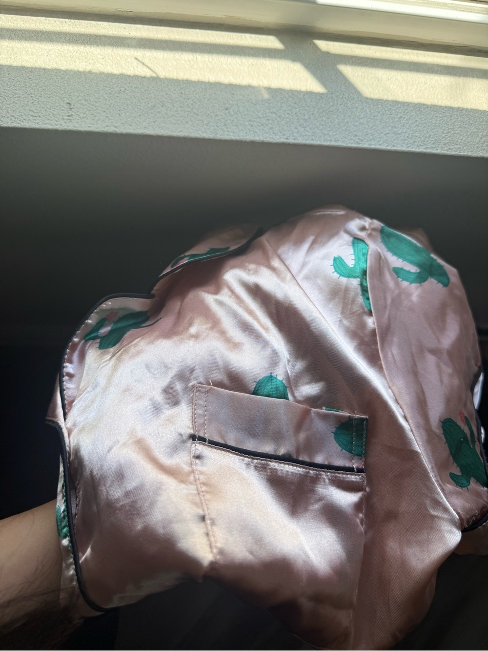 Satin Pink Sleep Shirt with Green Cactus Print
